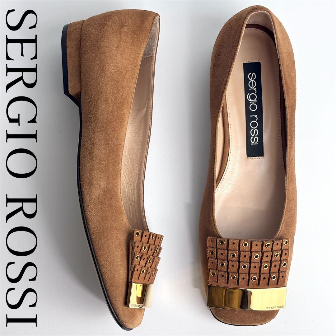 【未使用級】SERGIO ROSSI スクエア パンプス スエード ゴールド金具